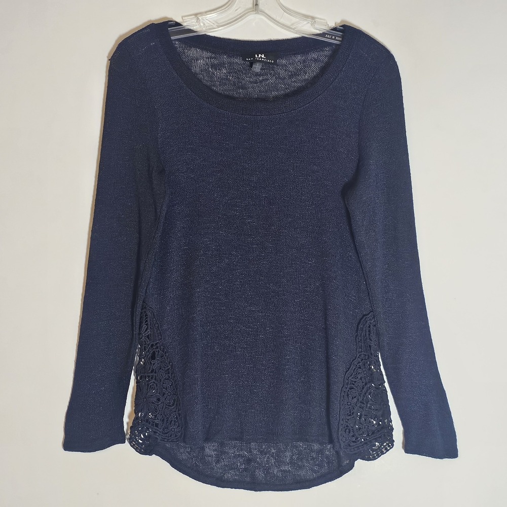 I.N. San Francisco Sweater Womens Small Navy Blue Crochet Hem Lightweight Top S